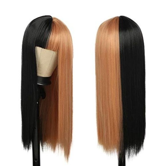 Split Dye Blonde Black Wigs With Bangs